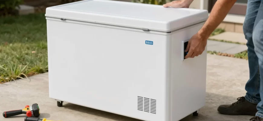 A clear, well-lit outdoor scene showing a person selecting and installing a cold storage unit (like a chest freezer or insulated cabinet) in a backyard or garden setting, with tools and materials visible, emphasizing proper placement and setup