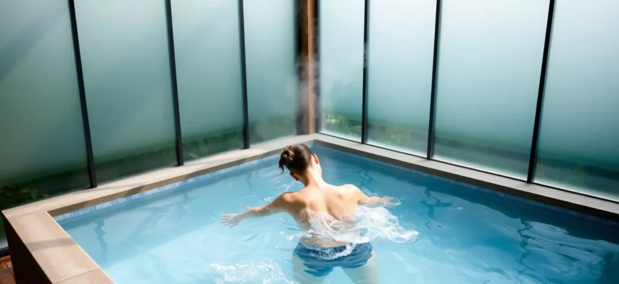 A serene outdoor spa setting with a person gently plunging into a crystal-clear cold water plunge pool, surrounded by frosted glass panels, steam rising from the water, and lush greenery, emphasizing skin revitalization and relaxation