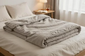 A cozy bedroom scene with a neatly made bed featuring a high-quality weighted blanket in a neutral color, such as gray or beige. The blanket should be folded at the foot of the bed, showcasing its texture and thickness. The room should have soft lighting, perhaps from a bedside lamp, creating a warm and inviting atmosphere. A small side table with a book and a cup of tea adds to the relaxing ambiance. The background should include a window with sheer curtains, letting in natural light.