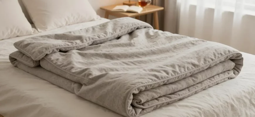 A cozy bedroom scene with a neatly made bed featuring a high-quality weighted blanket in a neutral color, such as gray or beige. The blanket should be folded at the foot of the bed, showcasing its texture and thickness. The room should have soft lighting, perhaps from a bedside lamp, creating a warm and inviting atmosphere. A small side table with a book and a cup of tea adds to the relaxing ambiance. The background should include a window with sheer curtains, letting in natural light.