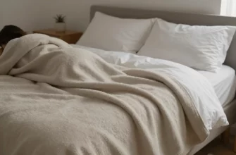 A cozy bedroom scene with a person lying on a bed covered by a heavy weighted blanket, soft lighting, calm and relaxing atmosphere, minimalist decor with neutral tones, subtle textures on the blanket and bedding, no text or numbers visible