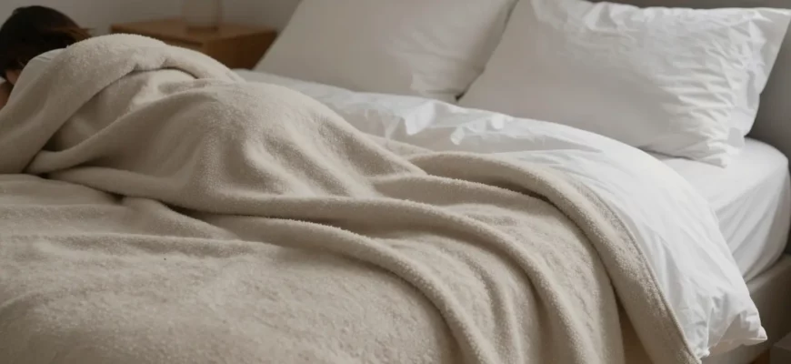 A cozy bedroom scene with a person lying on a bed covered by a heavy weighted blanket, soft lighting, calm and relaxing atmosphere, minimalist decor with neutral tones, subtle textures on the blanket and bedding, no text or numbers visible