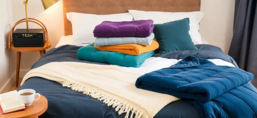 A cozy bedroom scene with a neatly made bed featuring a variety of weighted blankets in different colors and textures. The blankets should be folded and displayed prominently on the bed, with some hanging over the side. The room should have soft lighting and a warm, inviting atmosphere. Include a small table with a cup of tea and a book to suggest relaxation and comfort.