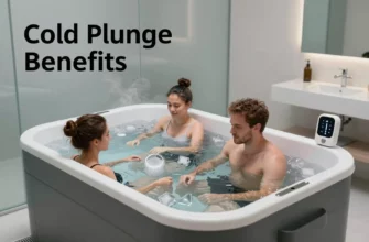 A dynamic, modern infographic-style illustration showing a person performing a cold plunge in a sleek, contemporary ice bath setup. The scene includes clear water with visible ice cubes, a minimalist bathroom environment with frosted glass walls, and subtle steam effects. Include modern wellness elements like a digital timer display, temperature gauge, and motivational text elements like 'Cold Plunge Benefits' in clean typography. Show diverse body types and genders to emphasize inclusivity. Use