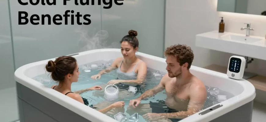 A dynamic, modern infographic-style illustration showing a person performing a cold plunge in a sleek, contemporary ice bath setup. The scene includes clear water with visible ice cubes, a minimalist bathroom environment with frosted glass walls, and subtle steam effects. Include modern wellness elements like a digital timer display, temperature gauge, and motivational text elements like 'Cold Plunge Benefits' in clean typography. Show diverse body types and genders to emphasize inclusivity. Use