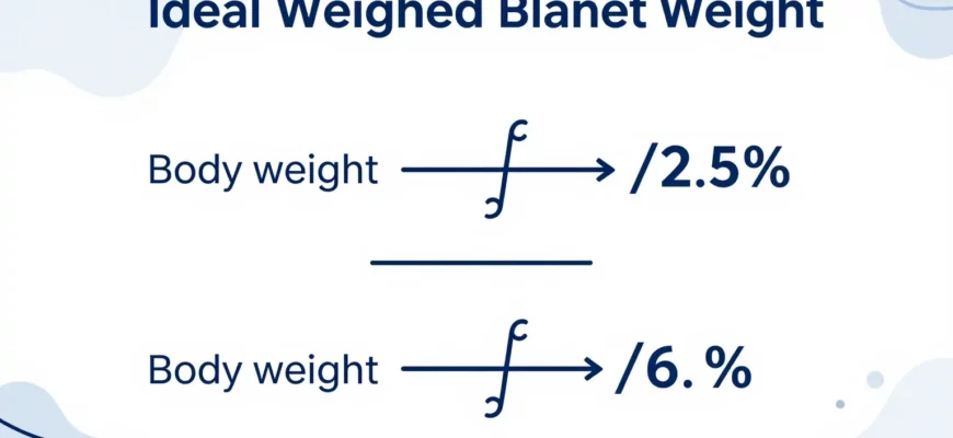 A clean, minimalist infographic-style illustration showing a mathematical formula for calculating ideal weighted blanket weight, with clear labels for variables like body weight and percentage, displayed on a white background with subtle blue accents