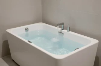 A modern, minimalist home cold plunge tub in a sleek bathroom setting, with clear water, subtle lighting, and a serene atmosphere. Include a person stepping into the tub, showing the experience of cold therapy. Focus on clean lines, contemporary design, and a calm, refreshing mood.