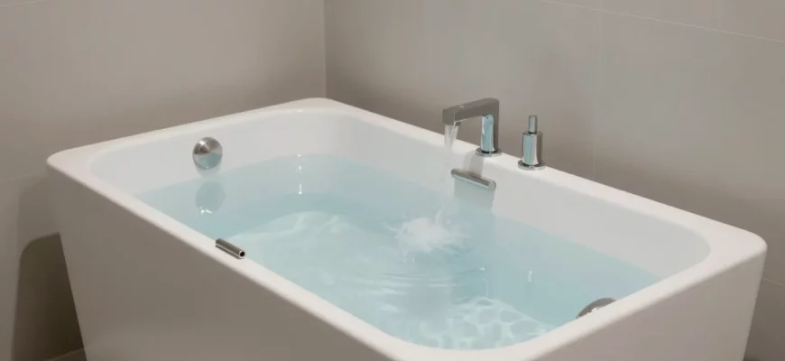 A modern, minimalist home cold plunge tub in a sleek bathroom setting, with clear water, subtle lighting, and a serene atmosphere. Include a person stepping into the tub, showing the experience of cold therapy. Focus on clean lines, contemporary design, and a calm, refreshing mood.