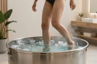 A modern, clean, high-resolution photo of a person stepping into a sleek, stainless steel cold plunge tub filled with clear, icy water, surrounded by a minimalist wellness space with natural wood accents, soft ambient lighting, and a few green plants in the background. Steam rises subtly from the water’s surface, conveying the contrast between cold and body heat. The scene feels serene, luxurious, and health-focused, emphasizing recovery and mindfulness.