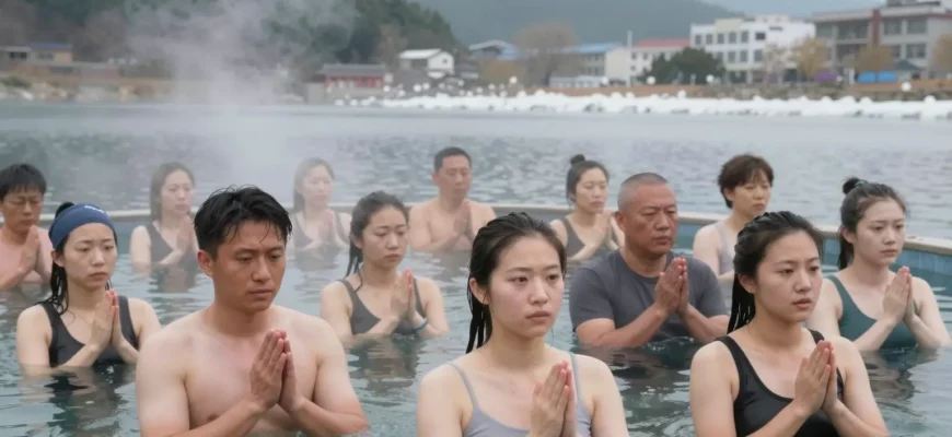A diverse group of people from different cultures around the world standing in cold water (such as lakes, rivers, or icy baths) with steam rising from their bodies, showing expressions of focus and resilience, surrounded by natural landscapes like mountains, forests, or urban winter settings, symbolizing the global practice of cold water therapy