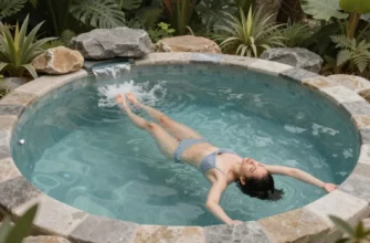 A serene outdoor setting featuring a crystal-clear cold plunge pool surrounded by lush greenery and natural stones, with a person in a relaxed pose entering the water, emphasizing tranquility and wellness