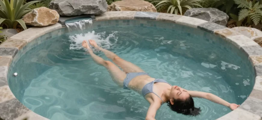 A serene outdoor setting featuring a crystal-clear cold plunge pool surrounded by lush greenery and natural stones, with a person in a relaxed pose entering the water, emphasizing tranquility and wellness