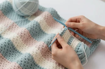 A cozy crochet blanket with visible yarn texture, soft pastel colors, and a person gently holding a crochet hook and yarn, demonstrating the yarn weight selection process for blanket making