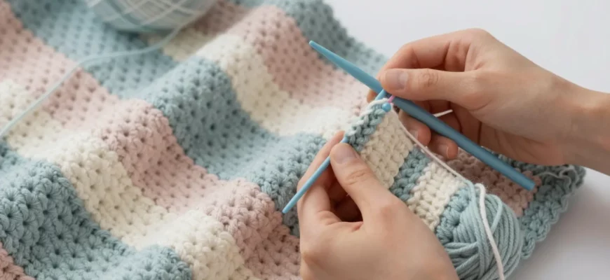 A cozy crochet blanket with visible yarn texture, soft pastel colors, and a person gently holding a crochet hook and yarn, demonstrating the yarn weight selection process for blanket making