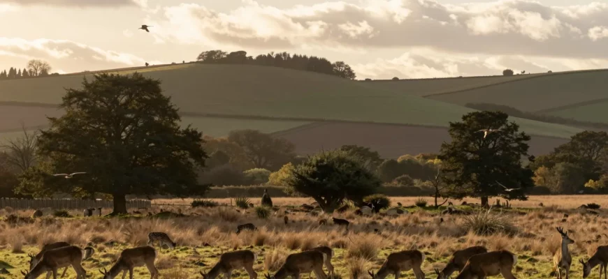 A sweeping panoramic view of the Sussex countryside being rewilded, featuring native trees, deer, birds in flight, and restored wetlands, with a hopeful sunrise over rolling hills