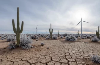 A vast Texas landscape under a deep freeze, showing cracked dry earth, frozen cacti, and distant wind turbines encased in ice, with a pale blue-gray sky and faint sunlight breaking through, emphasizing the harsh contrast between the usual warmth of Texas and the extreme cold