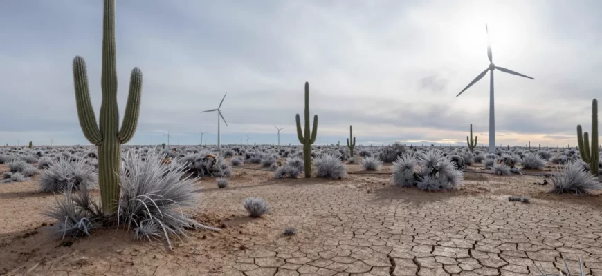 A vast Texas landscape under a deep freeze, showing cracked dry earth, frozen cacti, and distant wind turbines encased in ice, with a pale blue-gray sky and faint sunlight breaking through, emphasizing the harsh contrast between the usual warmth of Texas and the extreme cold