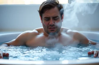 A person standing in a cold plunge pool, mid-action, with visible breath in the air, muscles tensed, face showing initial shock and discomfort, water rippling around their torso, steam rising faintly from the surface, early morning light filtering through a window or outdoor setting, realistic skin texture and water details, no text or symbols