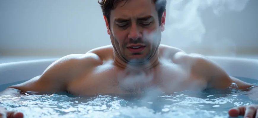 A person standing in a cold plunge pool, mid-action, with visible breath in the air, muscles tensed, face showing initial shock and discomfort, water rippling around their torso, steam rising faintly from the surface, early morning light filtering through a window or outdoor setting, realistic skin texture and water details, no text or symbols