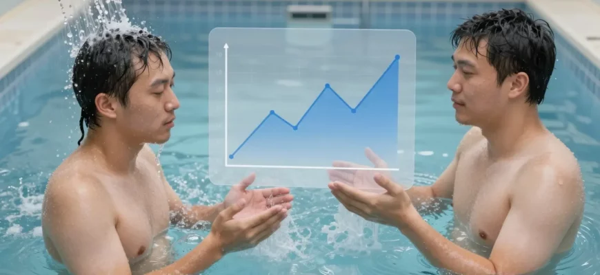 A split-screen illustration showing a person in a cold shower on the left and a person in a cold plunge pool on the right, with a transparent overlay of a line graph indicating temperature changes, surrounded by subtle blue tones to emphasize cold, rendered in high-resolution photorealistic style.