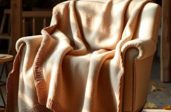 A luxurious cashmere weighted blanket draped elegantly over a cozy armchair in a warm autumn setting, with golden leaves scattered around, soft natural lighting, and a background of a rustic wooden cabin interior, showcasing the blanket's plush texture and sophisticated design
