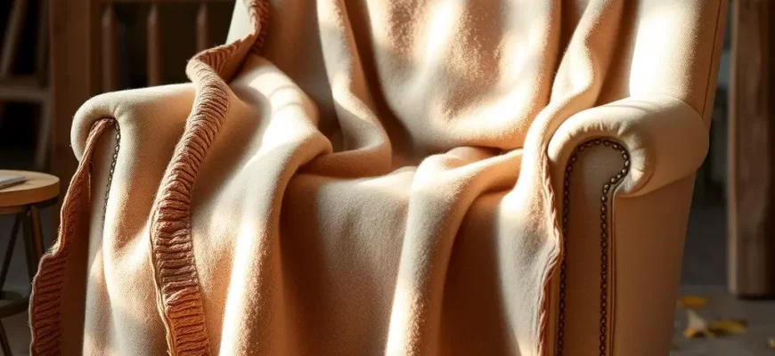A luxurious cashmere weighted blanket draped elegantly over a cozy armchair in a warm autumn setting, with golden leaves scattered around, soft natural lighting, and a background of a rustic wooden cabin interior, showcasing the blanket's plush texture and sophisticated design