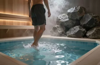 A sleek modern spa interior featuring a person stepping from a sauna into a cold plunge pool, with steam rising from the sauna rocks and droplets on the plunge pool surface, emphasizing recovery and contrast