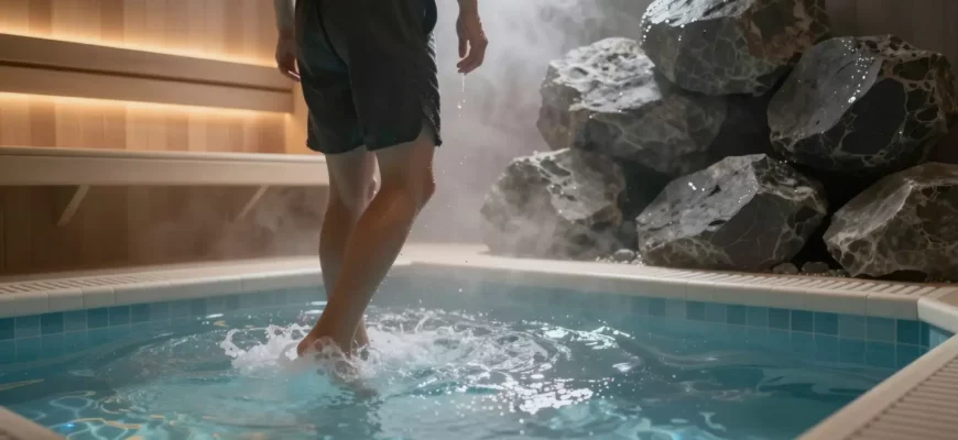 A sleek modern spa interior featuring a person stepping from a sauna into a cold plunge pool, with steam rising from the sauna rocks and droplets on the plunge pool surface, emphasizing recovery and contrast