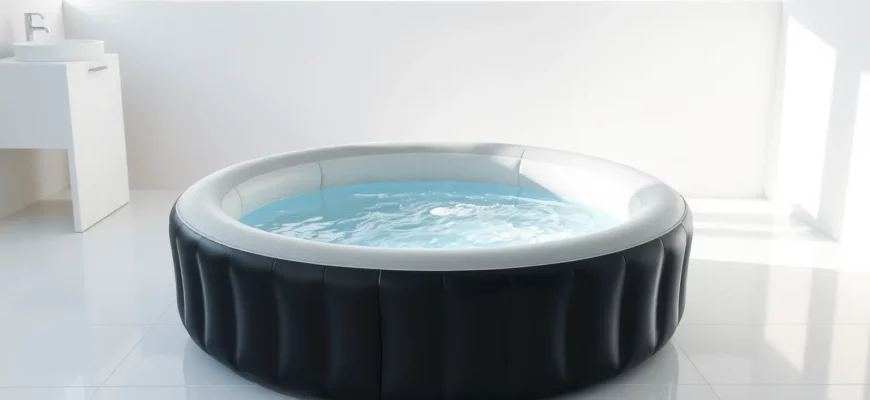 A professional product photograph showing a modern inflatable cold plunge tub filled with clear water, placed in a sleek contemporary bathroom setting with minimalist design elements, soft natural lighting highlighting the tub's texture and water surface, clean white tiles and subtle steam effects to convey cold temperature, no people visible, high detail on water ripples and tub material