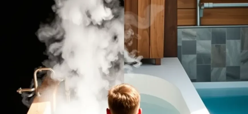 A dynamic split-screen composition showing a DIY cold plunge setup in a rustic wooden bathtub on one side and a modern minimalist spa plunge pool on the other, with a person in athletic wear transitioning between both environments, steam rising from the water, natural lighting, detailed textures of water and skin, motivational fitness atmosphere