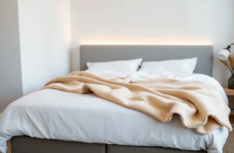 A serene bedroom scene featuring a neatly made bed with a soft, neutral-toned weighted blanket draped over it, subtle ambient lighting, and a calm, inviting atmosphere