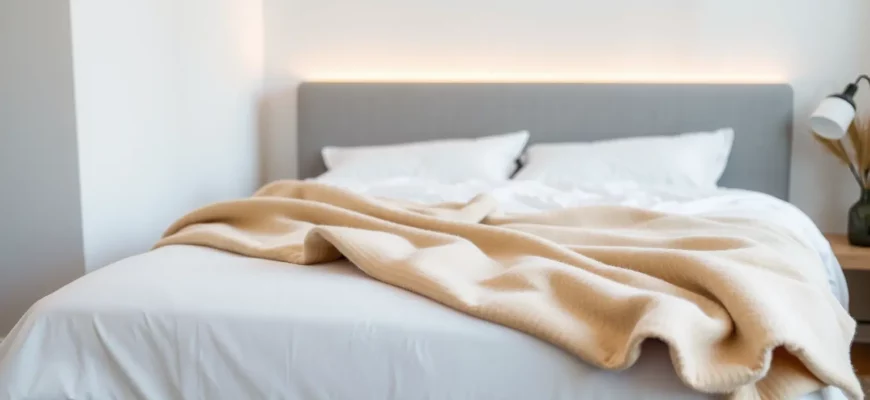 A serene bedroom scene featuring a neatly made bed with a soft, neutral-toned weighted blanket draped over it, subtle ambient lighting, and a calm, inviting atmosphere
