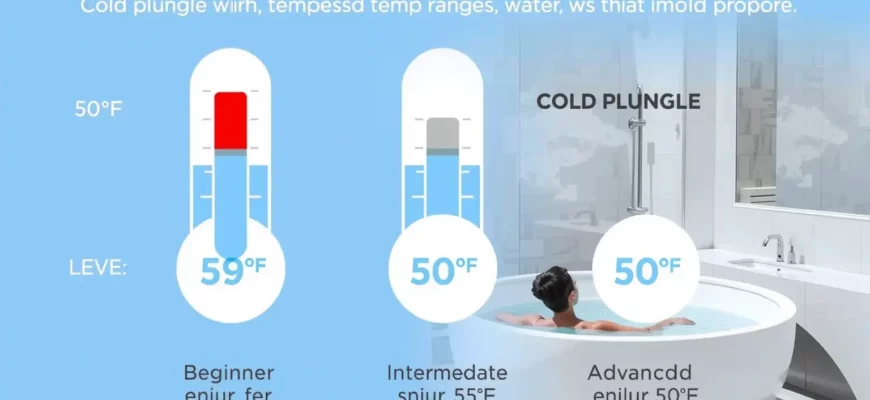 A detailed infographic showing temperature ranges for cold plunges, with thermometers displaying water temperatures from 50°F to 59°F, labeled sections for beginner (59°F), intermediate (55°F), and advanced (50°F) levels, alongside a person safely entering a cold plunge tub in a modern bathroom setting, clean minimalist design with clear text labels and temperature indicators