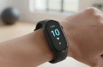 A close-up, high-resolution image of a sleek, modern Luna Weighte fitness tracker worn on a human wrist, showing its smooth matte black surface, soft glowing blue LED display with time and heart rate metrics, and subtle textured band made of breathable silicone. The background is a softly blurred, minimalist home gym with natural daylight filtering through a window, emphasizing wellness and technology integration. No text, logos, or visible brand names appear on the device or in the scene.