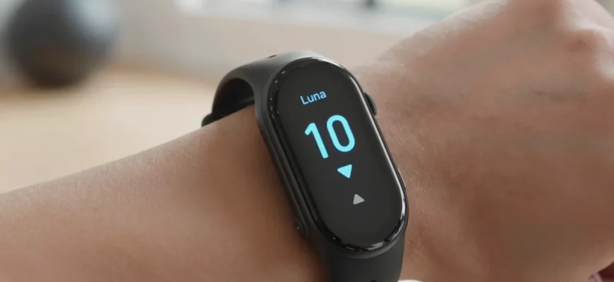 A close-up, high-resolution image of a sleek, modern Luna Weighte fitness tracker worn on a human wrist, showing its smooth matte black surface, soft glowing blue LED display with time and heart rate metrics, and subtle textured band made of breathable silicone. The background is a softly blurred, minimalist home gym with natural daylight filtering through a window, emphasizing wellness and technology integration. No text, logos, or visible brand names appear on the device or in the scene.