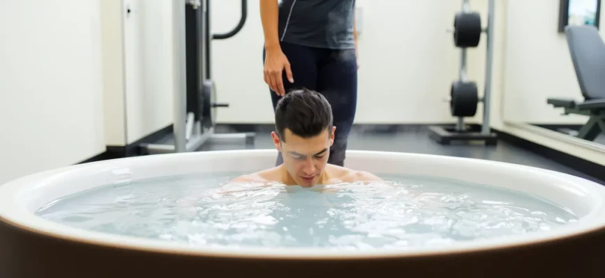 A person standing in a cold plunge tub, with gym equipment in the background, depicting a fitness setting. The person should be in athletic attire, and the scene should convey a sense of preparation or recovery from a workout.