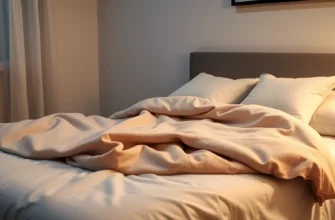 A cozy bedroom scene featuring a neatly made bed with a soft, neutral-toned weighted blanket draped over it, subtle ambient lighting suggesting nighttime, and a peaceful, restful atmosphere without any text, logos, or people