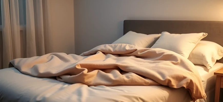 A cozy bedroom scene featuring a neatly made bed with a soft, neutral-toned weighted blanket draped over it, subtle ambient lighting suggesting nighttime, and a peaceful, restful atmosphere without any text, logos, or people