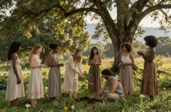 A serene, lush forest clearing at golden hour, featuring a diverse group of people in elegant, earth-toned sustainable fashion garments made from organic cotton, hemp, and recycled fabrics, gently interacting with nature — one person planting a sapling, another holding a butterfly, a third meditating under a banyan tree, with soft sunlight filtering through dense green canopy, wildflowers at their feet, and distant mountains hazy in the background; no logos, no text, no modern buildings, no synt