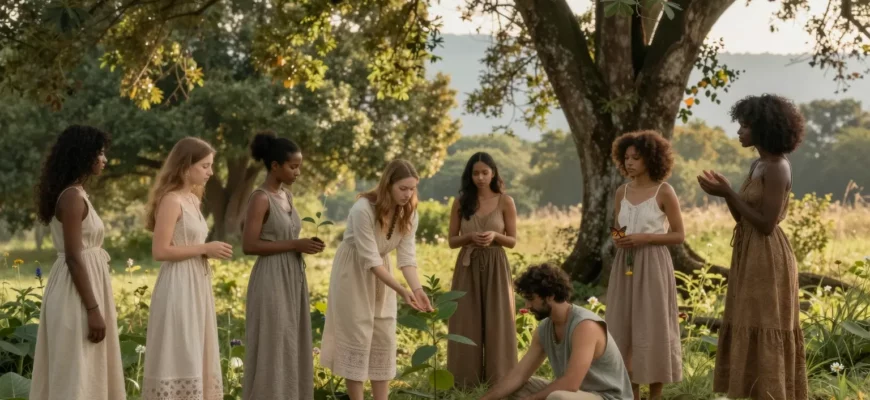 A serene, lush forest clearing at golden hour, featuring a diverse group of people in elegant, earth-toned sustainable fashion garments made from organic cotton, hemp, and recycled fabrics, gently interacting with nature — one person planting a sapling, another holding a butterfly, a third meditating under a banyan tree, with soft sunlight filtering through dense green canopy, wildflowers at their feet, and distant mountains hazy in the background; no logos, no text, no modern buildings, no synt