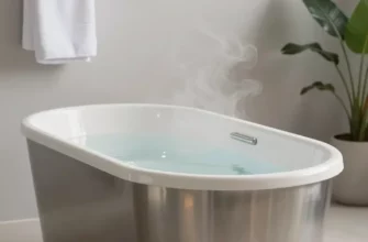 A clean, modern bathroom scene featuring a sleek, minimalist cold plunge tub made of stainless steel or ceramic, positioned centrally with steam rising gently from the water surface, soft ambient lighting highlighting the tub's contours, and subtle background elements like a towel rack and a small potted plant to convey wellness and relaxation, no people present