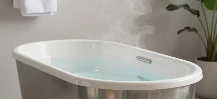 A clean, modern bathroom scene featuring a sleek, minimalist cold plunge tub made of stainless steel or ceramic, positioned centrally with steam rising gently from the water surface, soft ambient lighting highlighting the tub's contours, and subtle background elements like a towel rack and a small potted plant to convey wellness and relaxation, no people present
