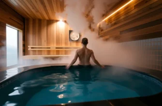 A serene spa setting with a modern sauna and a cold plunge pool. A person is depicted in the process of transitioning between the two, with steam rising from the sauna and a refreshing mist around the cold plunge pool. The scene should convey a sense of relaxation and wellness, with natural elements like wood and water prominently featured.