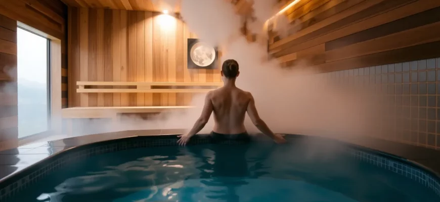 A serene spa setting with a modern sauna and a cold plunge pool. A person is depicted in the process of transitioning between the two, with steam rising from the sauna and a refreshing mist around the cold plunge pool. The scene should convey a sense of relaxation and wellness, with natural elements like wood and water prominently featured.