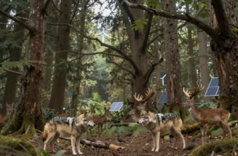 A majestic ancient forest with diverse wildlife, including wolves, deer, and birds, symbolizing the concept of rewilding and the return of nature to its natural state, with a subtle overlay of modern human elements like a distant wind turbine or solar panel to represent the modern age, all rendered in a realistic and detailed style