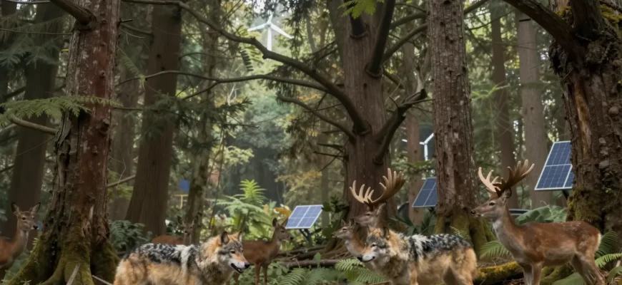 A majestic ancient forest with diverse wildlife, including wolves, deer, and birds, symbolizing the concept of rewilding and the return of nature to its natural state, with a subtle overlay of modern human elements like a distant wind turbine or solar panel to represent the modern age, all rendered in a realistic and detailed style