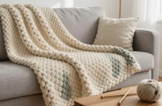 A cozy, well-lit living room scene featuring a handmade worsted weight crochet blanket draped over a modern sofa, with close-up details showing the textured stitches, soft yarn in neutral tones (cream, sage, and warm gray), a pair of knitting needles and a ball of yarn nearby on a wooden coffee table, soft natural light from a window casting gentle shadows, no text or logos visible
