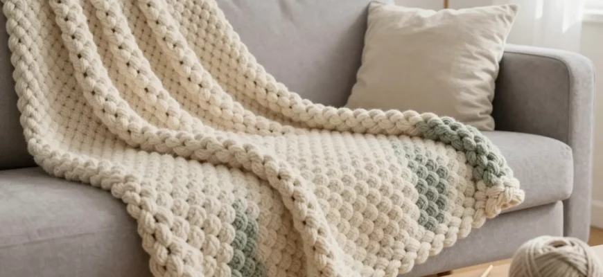 A cozy, well-lit living room scene featuring a handmade worsted weight crochet blanket draped over a modern sofa, with close-up details showing the textured stitches, soft yarn in neutral tones (cream, sage, and warm gray), a pair of knitting needles and a ball of yarn nearby on a wooden coffee table, soft natural light from a window casting gentle shadows, no text or logos visible