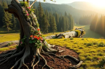 A majestic ancient wooden wand covered in vibrant wildflowers and lush green vines, symbolizing the sacred masculine energy being rewilded, with roots extending deep into rich earth, surrounded by a serene natural landscape of forests and meadows under soft golden sunlight, evoking spiritual harmony and connection to nature