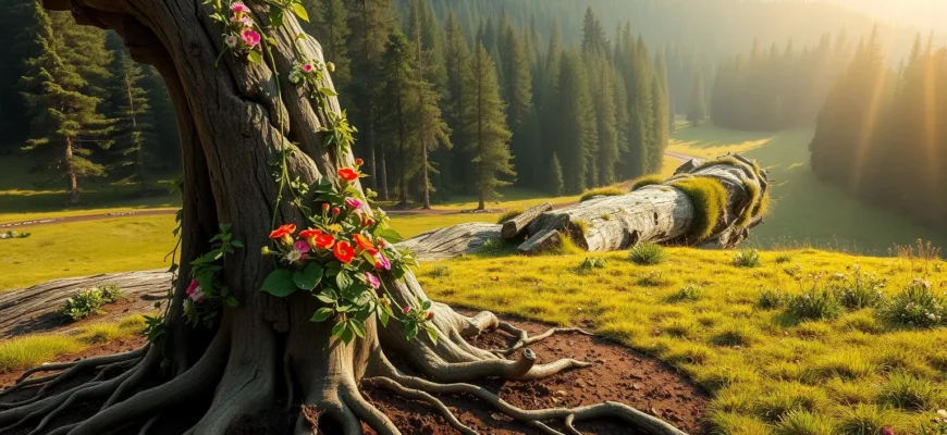 A majestic ancient wooden wand covered in vibrant wildflowers and lush green vines, symbolizing the sacred masculine energy being rewilded, with roots extending deep into rich earth, surrounded by a serene natural landscape of forests and meadows under soft golden sunlight, evoking spiritual harmony and connection to nature